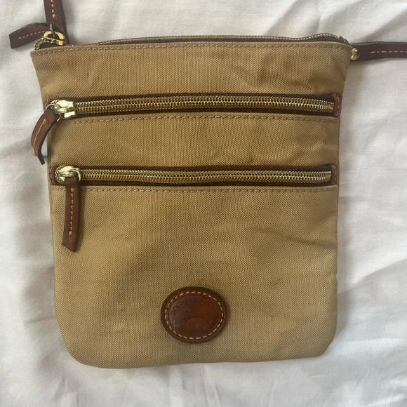 Dooney and Bourke Iconic Tan Crossbody Satchel Leather Stitched Strap - Picture 2 of 14